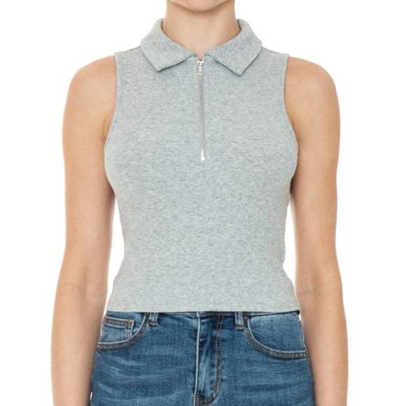 RIBBED HALF ZIP-UP COLLARED CROP TANK TOP ( Small : 2 / Medium : 2 / Large : 2 ) - Picture 2 of 2
